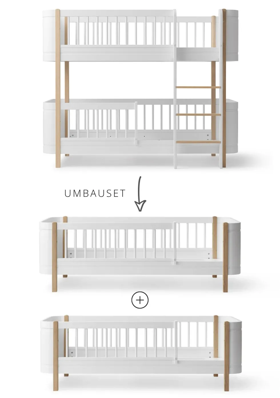 Umbauset für 'Wood Mini+' halbhohes Etagenbett zu zwei Juniorbetten Weiß / Eiche