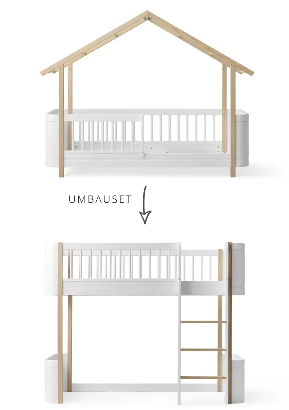 Umbauset für 'Wood Mini+' Hausbett zum halbhohen Hochbett Weiß/Eiche